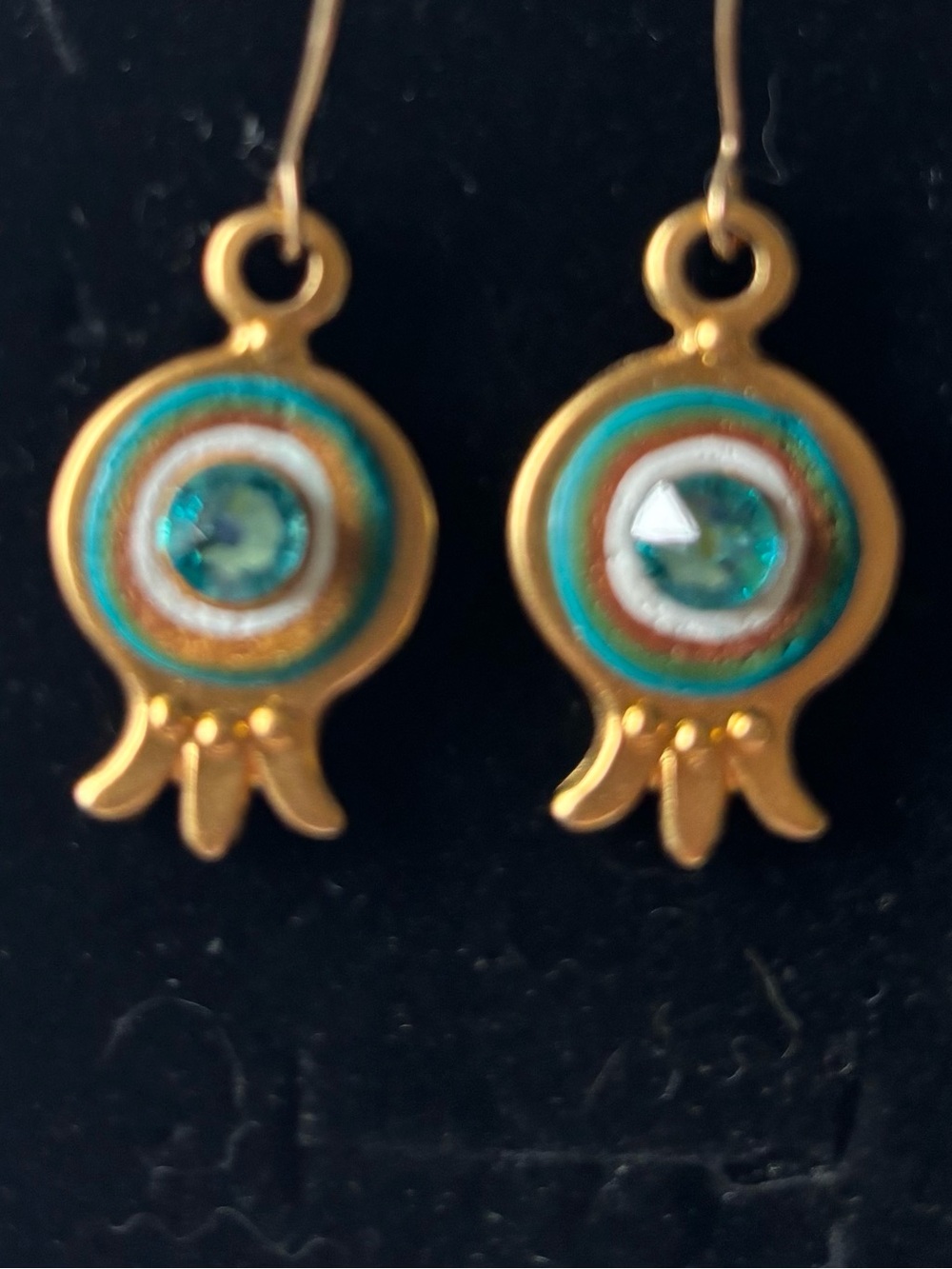 Vintage GALMOR Enamel Aqua Rhinestone Dangle Earrings Gold Tone Evil Eye 2”